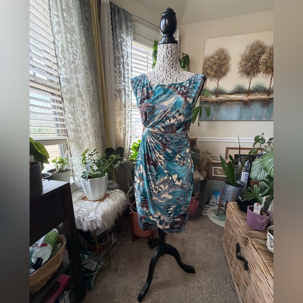 EUC Connected Apparel Women’s Teal, Brown, & Cream Midi Faux Wrap Stretch Dress
